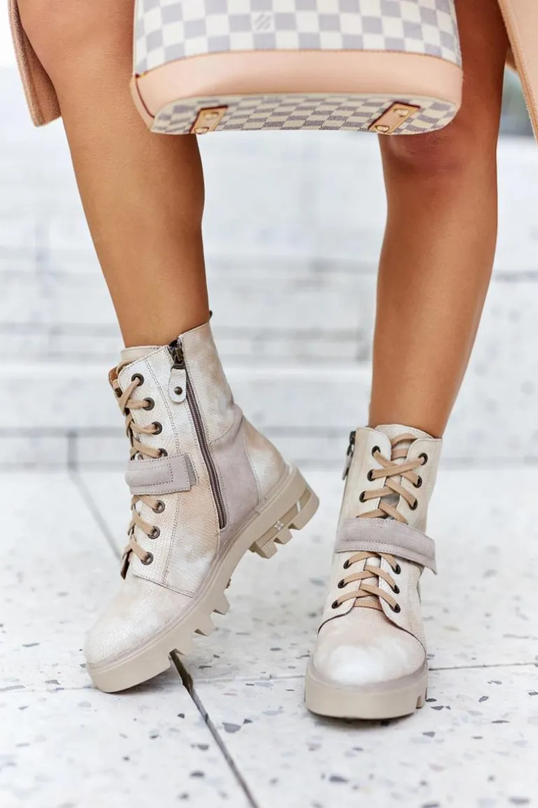 Skórzane Botki Workery Maciejka Beżowe 05219-04