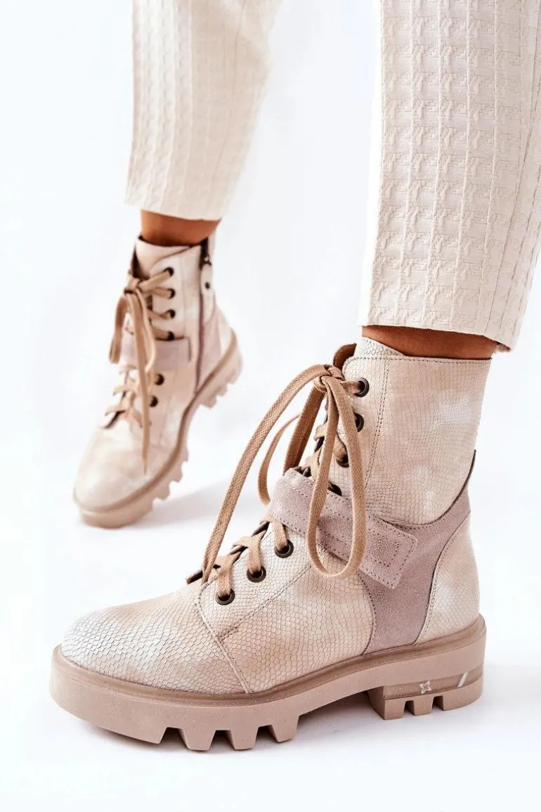 Skórzane Botki Workery Maciejka Beżowe 05219-04