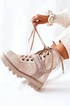 Skórzane Botki Workery Maciejka Beżowe 05219-04