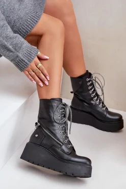 Skórzane Botki Workery Na Platformie I Koturnie Maciejka 06676-01 Czarne