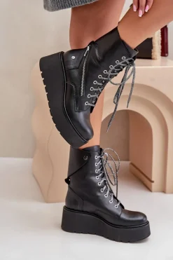 Skórzane Botki Workery Na Platformie I Koturnie Maciejka 06676-01 Czarne