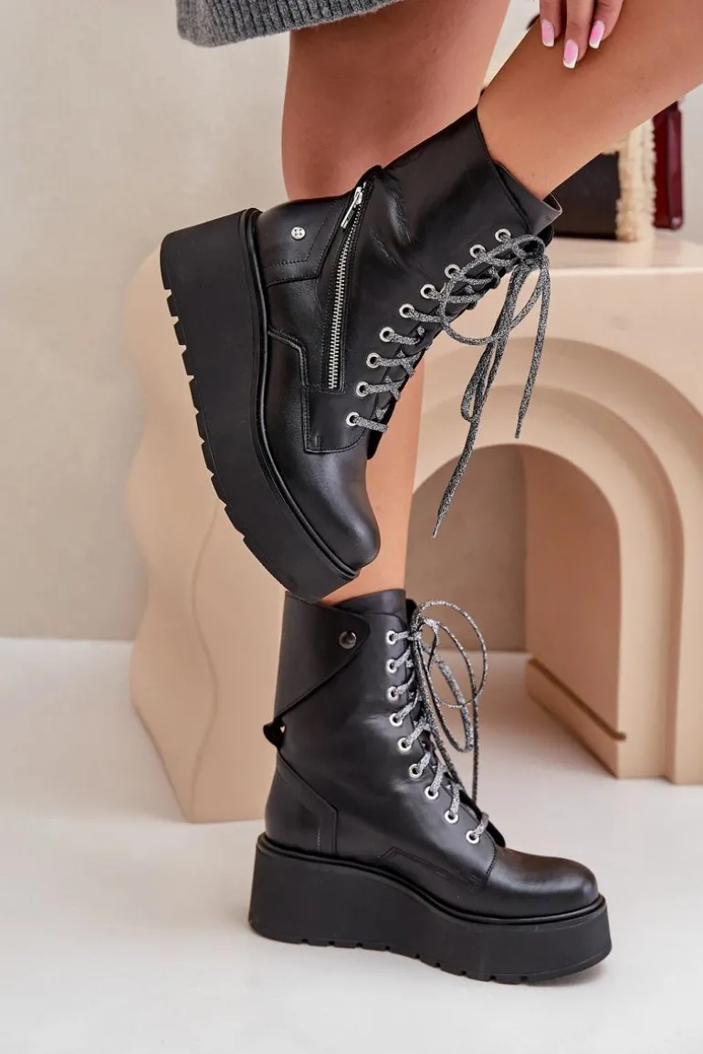 Skórzane Botki Workery Na Platformie I Koturnie Maciejka 06676-01 Czarne