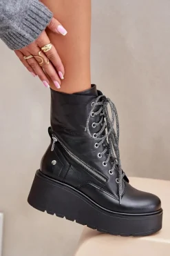 Skórzane Botki Workery Na Platformie I Koturnie Maciejka 06676-01 Czarne