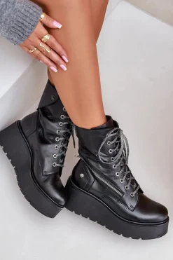 Skórzane Botki Workery Na Platformie I Koturnie Maciejka 06676-01 Czarne