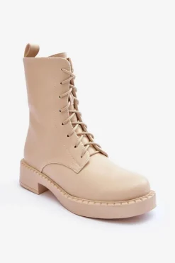 Skórzane Botki Workery Na Płaskim Obcasie Jasnobeżowe Aganne