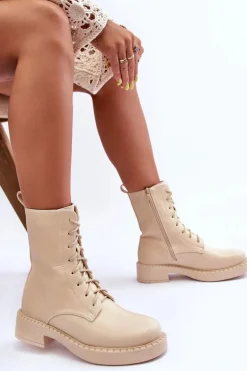 Skórzane Botki Workery Na Płaskim Obcasie Jasnobeżowe Aganne