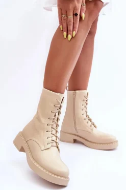 Skórzane Botki Workery Na Płaskim Obcasie Jasnobeżowe Aganne