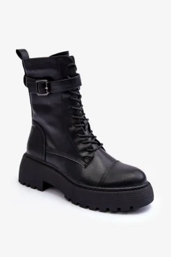 Skórzane Botki Workery Na Płaskim Obcasie Z Klamrą Czarne Samivlo