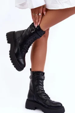 Skórzane Botki Workery Na Płaskim Obcasie Z Klamrą Czarne Samivlo