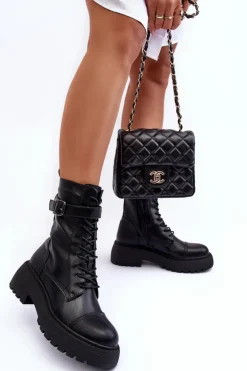 Skórzane Botki Workery Na Płaskim Obcasie Z Klamrą Czarne Samivlo