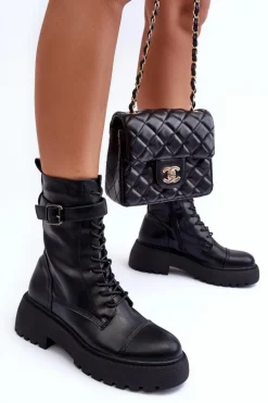 Skórzane Botki Workery Na Płaskim Obcasie Z Klamrą Czarne Samivlo