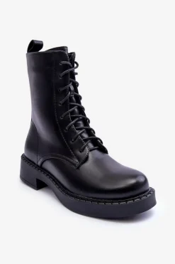 Skórzane Botki Workery Na Płaskim Obcasie Czarne Aganne