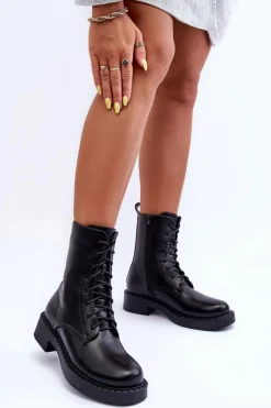 Skórzane Botki Workery Na Płaskim Obcasie Czarne Aganne