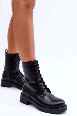 Skórzane Botki Workery Na Płaskim Obcasie Czarne Aganne
