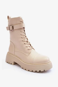 Skórzane Botki Workery Na Płaskim Obcasie Z Klamrą Jasnobeżowe Samivlo