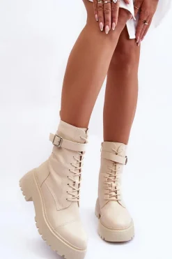 Skórzane Botki Workery Na Płaskim Obcasie Z Klamrą Jasnobeżowe Samivlo