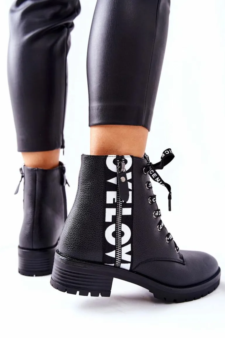 Skórzane Botki Workery Na Suwak Czarne Henri