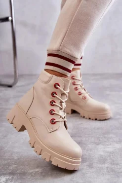 Skórzane Botki Workery Na Suwak Beżowe Messa