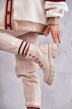 Skórzane Botki Workery Na Suwak Beżowe Messa