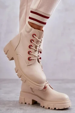 Skórzane Botki Workery Na Suwak Beżowe Messa