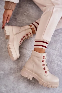 Skórzane Botki Workery Na Suwak Beżowe Messa