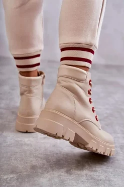 Skórzane Botki Workery Na Suwak Beżowe Messa