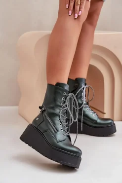 Skórzane Botki Workery Na Platformie I Koturnie Maciejka 06676-09 Zielone