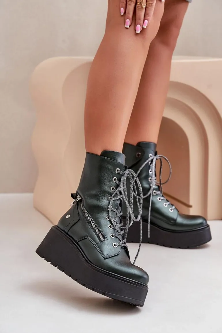 Skórzane Botki Workery Na Platformie I Koturnie Maciejka 06676-09 Zielone