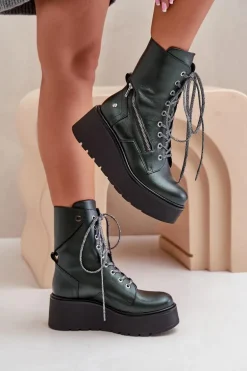 Skórzane Botki Workery Na Platformie I Koturnie Maciejka 06676-09 Zielone