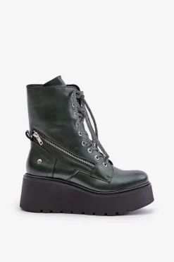 Skórzane Botki Workery Na Platformie I Koturnie Maciejka 06676-09 Zielone