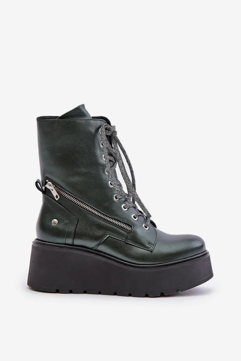Skórzane Botki Workery Na Platformie I Koturnie Maciejka 06676-09 Zielone