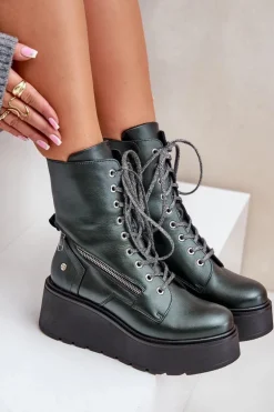 Skórzane Botki Workery Na Platformie I Koturnie Maciejka 06676-09 Zielone