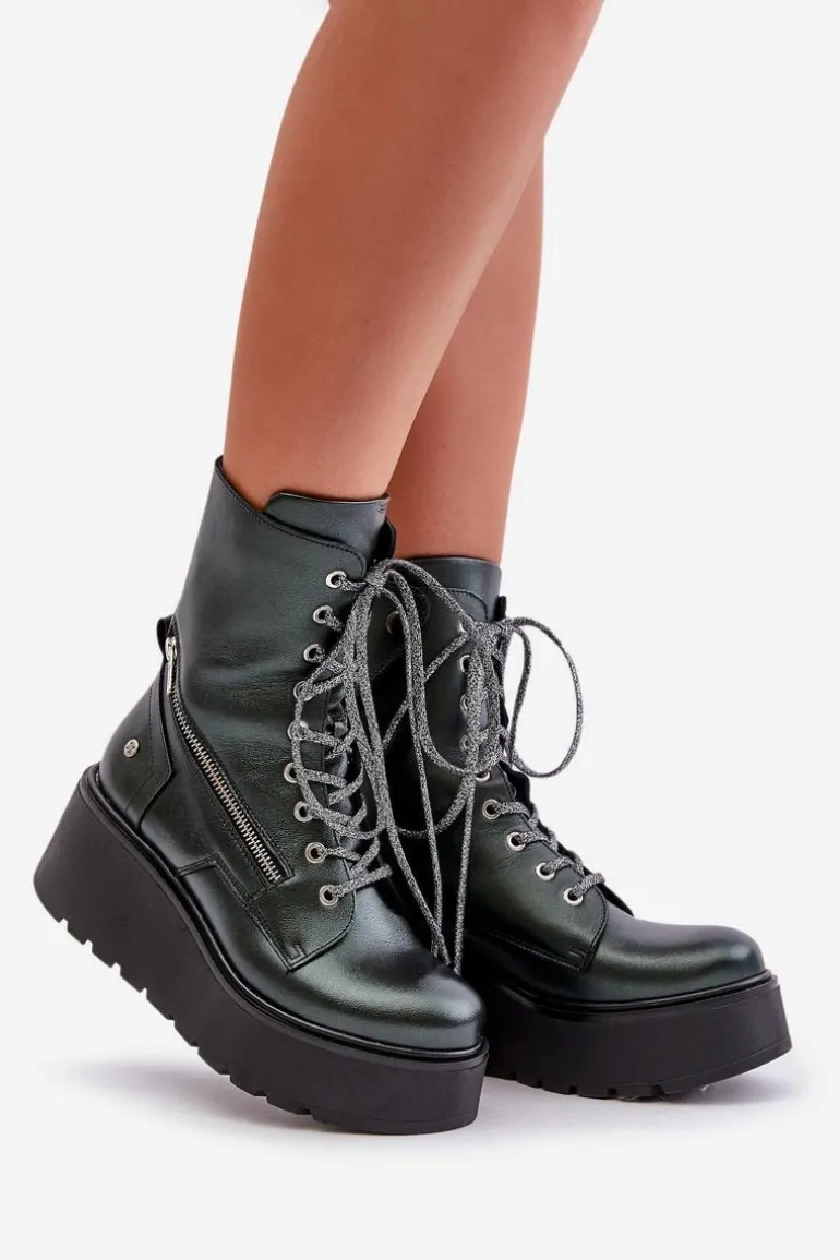 Skórzane Botki Workery Na Platformie I Koturnie Maciejka 06676-09 Zielone