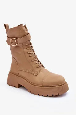 Skórzane Botki Workery Na Płaskim Obcasie Z Klamrą Beżowe Samivlo