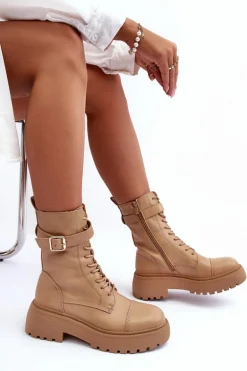 Skórzane Botki Workery Na Płaskim Obcasie Z Klamrą Beżowe Samivlo