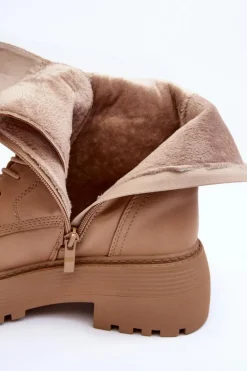 Skórzane Botki Workery Na Płaskim Obcasie Z Klamrą Beżowe Samivlo