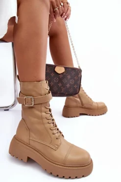 Skórzane Botki Workery Na Płaskim Obcasie Z Klamrą Beżowe Samivlo