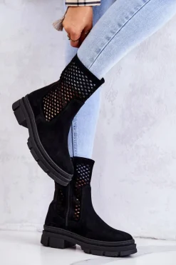 Skórzane Botki Workery Nicole Czarne 2711