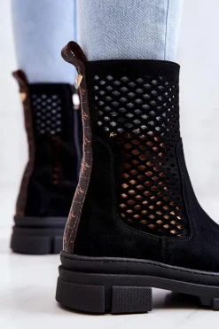 Skórzane Botki Workery Nicole Czarne 2711