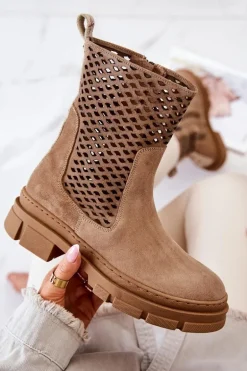 Skórzane Botki Workery Nicole Jasnobrązowe 2711