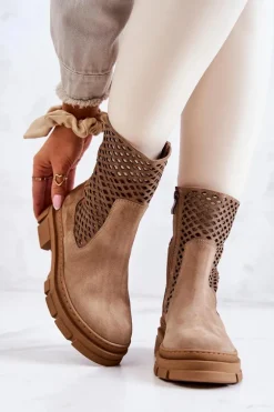 Skórzane Botki Workery Nicole Jasnobrązowe 2711