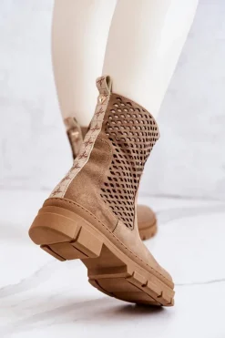 Skórzane Botki Workery Nicole Jasnobrązowe 2711