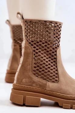 Skórzane Botki Workery Nicole Jasnobrązowe 2711