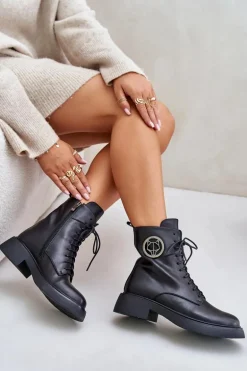 Skórzane Botki Workery Ocieplane Na Zamek Z Ozdobą Czarne Lorevine