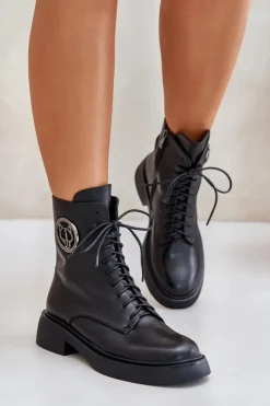 Skórzane Botki Workery Ocieplane Na Zamek Z Ozdobą Czarne Lorevine