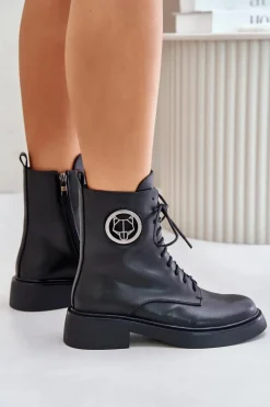 Skórzane Botki Workery Ocieplane Na Zamek Z Ozdobą Czarne Lorevine