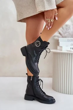 Skórzane Botki Workery Ocieplane Na Zamek Z Ozdobą Czarne Lorevine