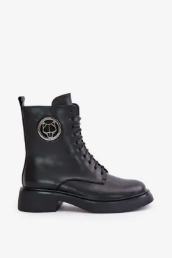 Skórzane Botki Workery Ocieplane Na Zamek Z Ozdobą Czarne Lorevine