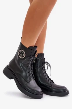 Skórzane Botki Workery Ocieplane Na Zamek Z Ozdobą Czarne Lorevine