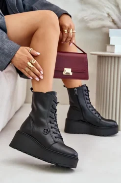 Skórzane Botki Workery Ocieplane Na Platformie I Koturnie Vinceza 58338 Czarne